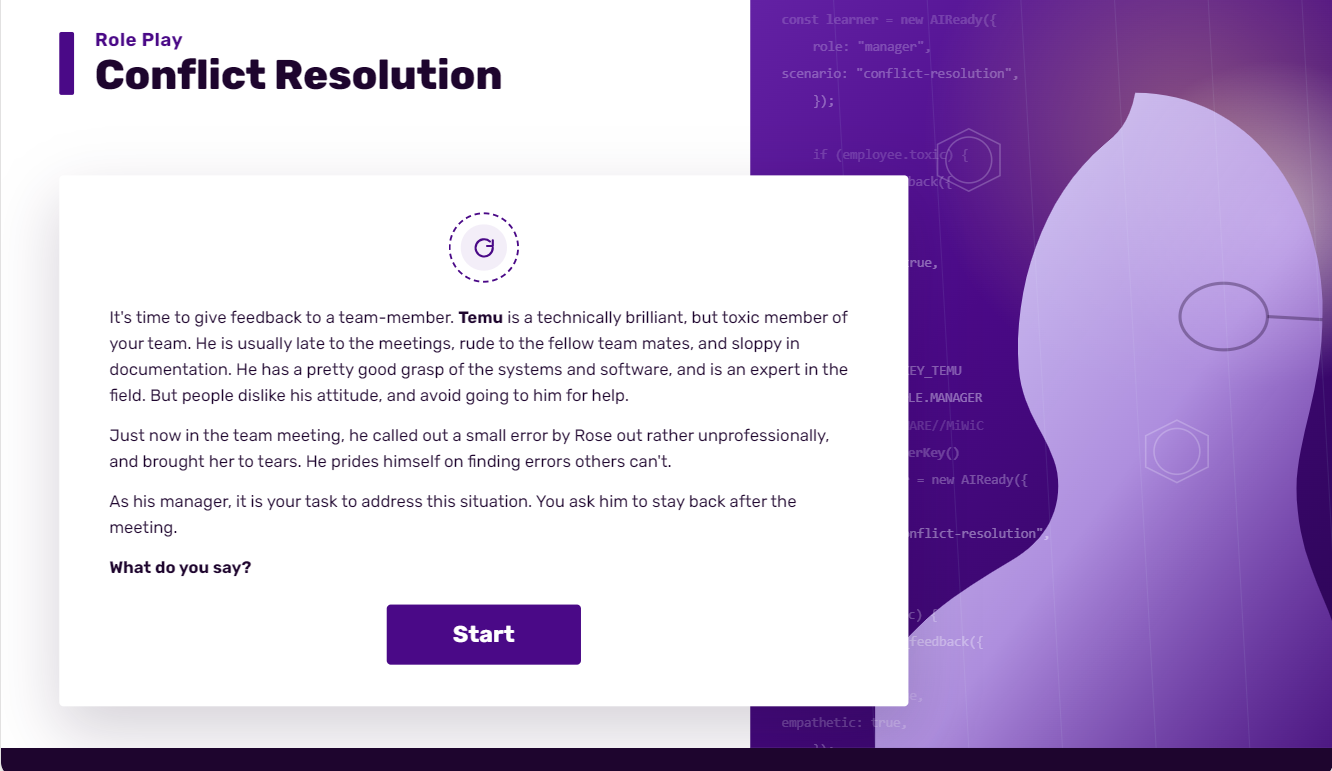 Conflict Resolution intro describing Temu, a brilliant but toxic team member who brought a colleague to tears, with a Start button