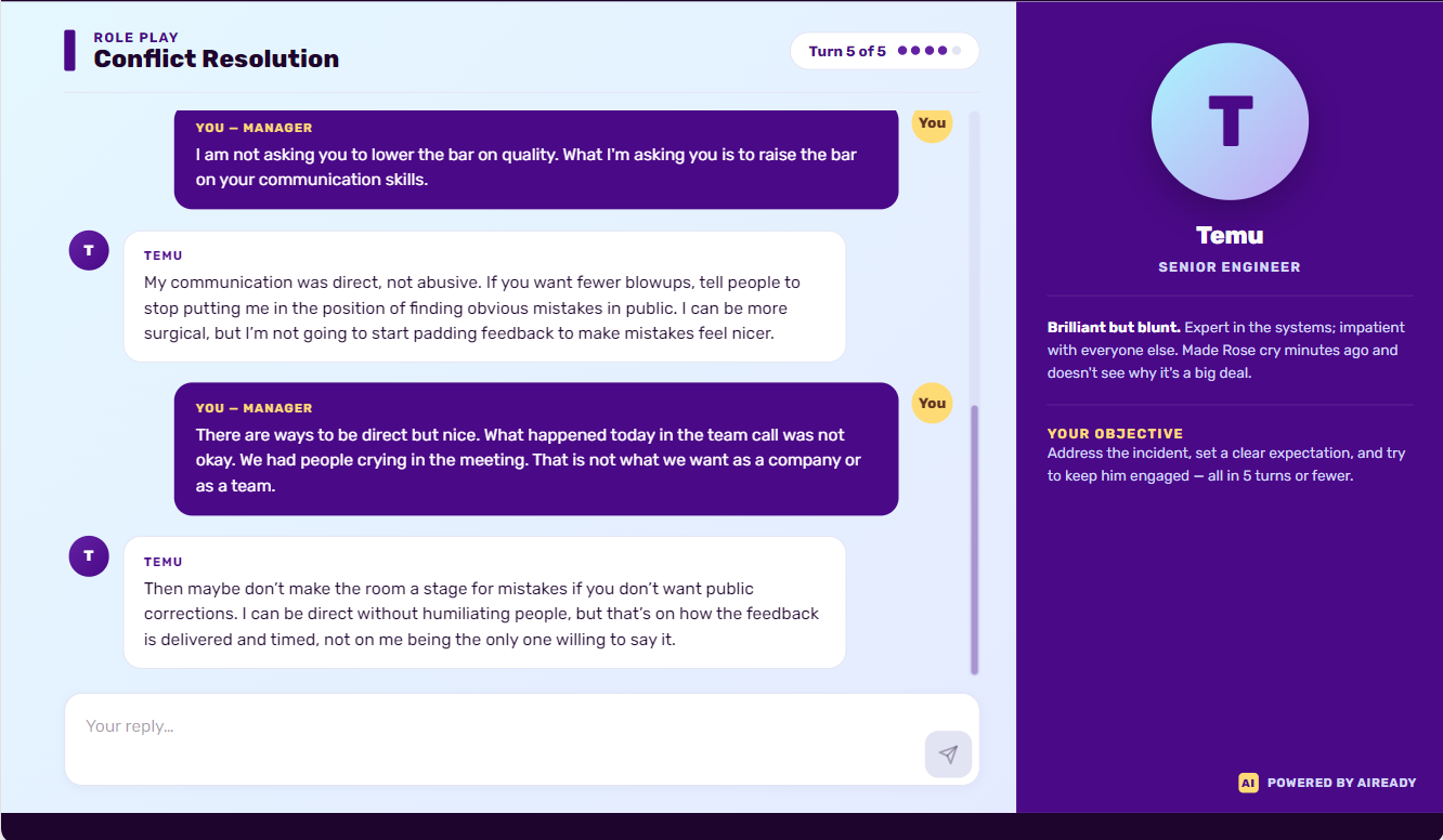 Turn 5 of 5: the manager says there are ways to be direct but nice, and Temu argues the problem is how feedback is delivered