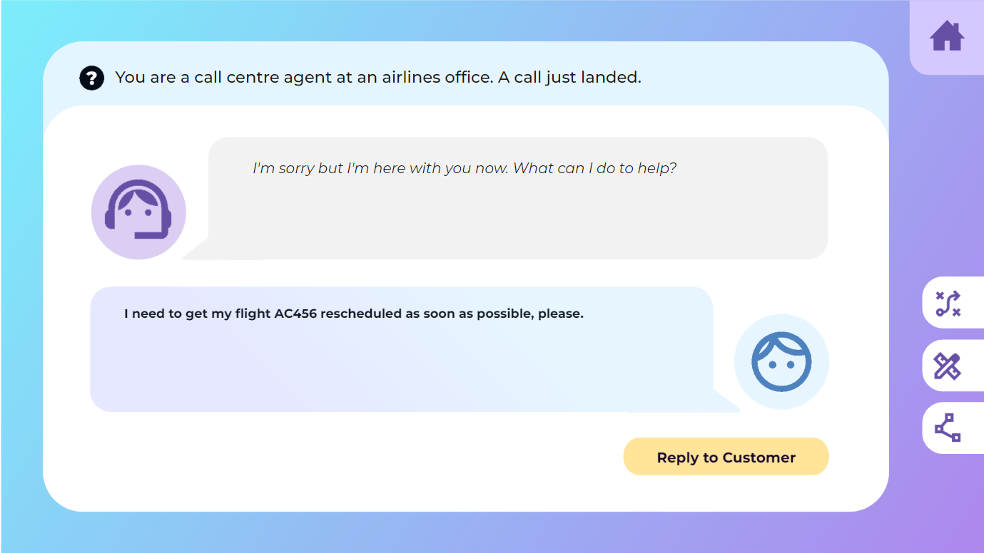The agent apologizes and offers help, and the customer asks to reschedule flight AC456
