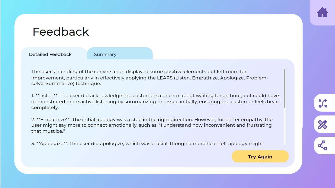 Detailed feedback on the call, organized by the LEAPS steps, with Summary tab and Try Again button