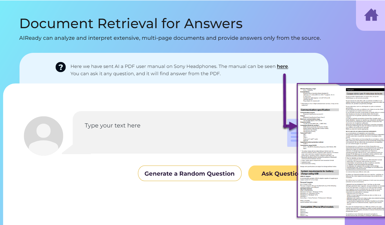 Document Retrieval for Answers screen with the Sony headphone PDF manual opened beside the question box