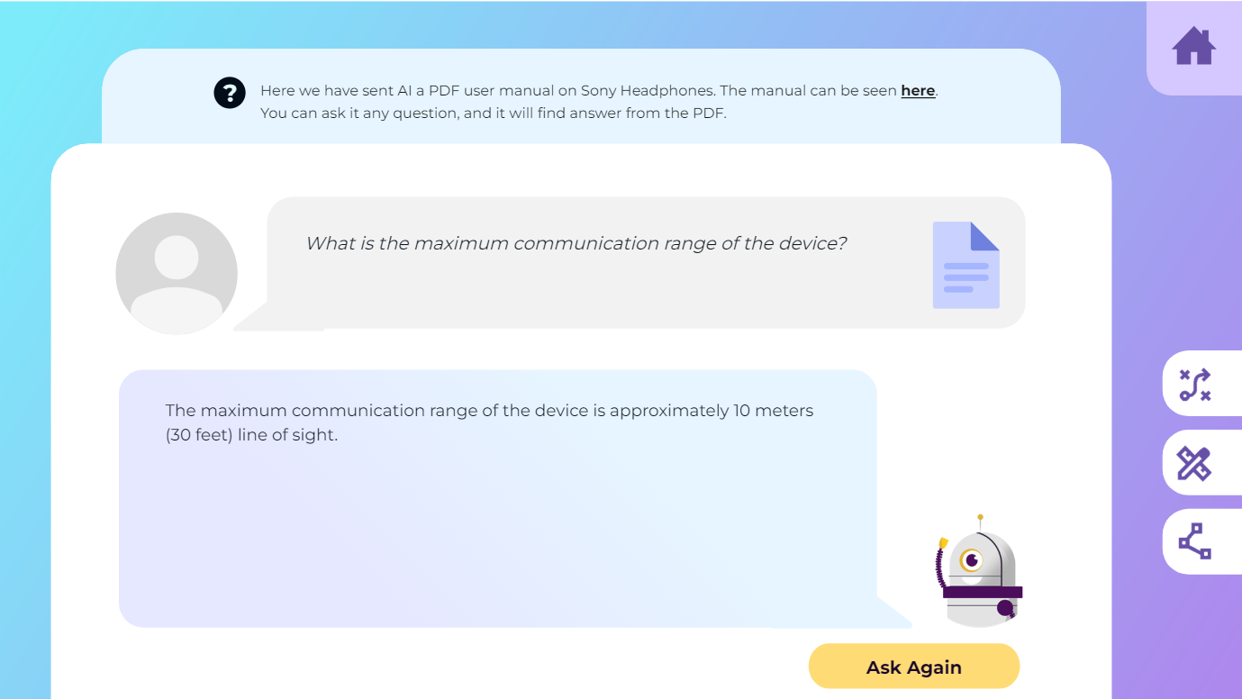 The AI answers that the maximum communication range is approximately 10 meters (30 feet) line of sight