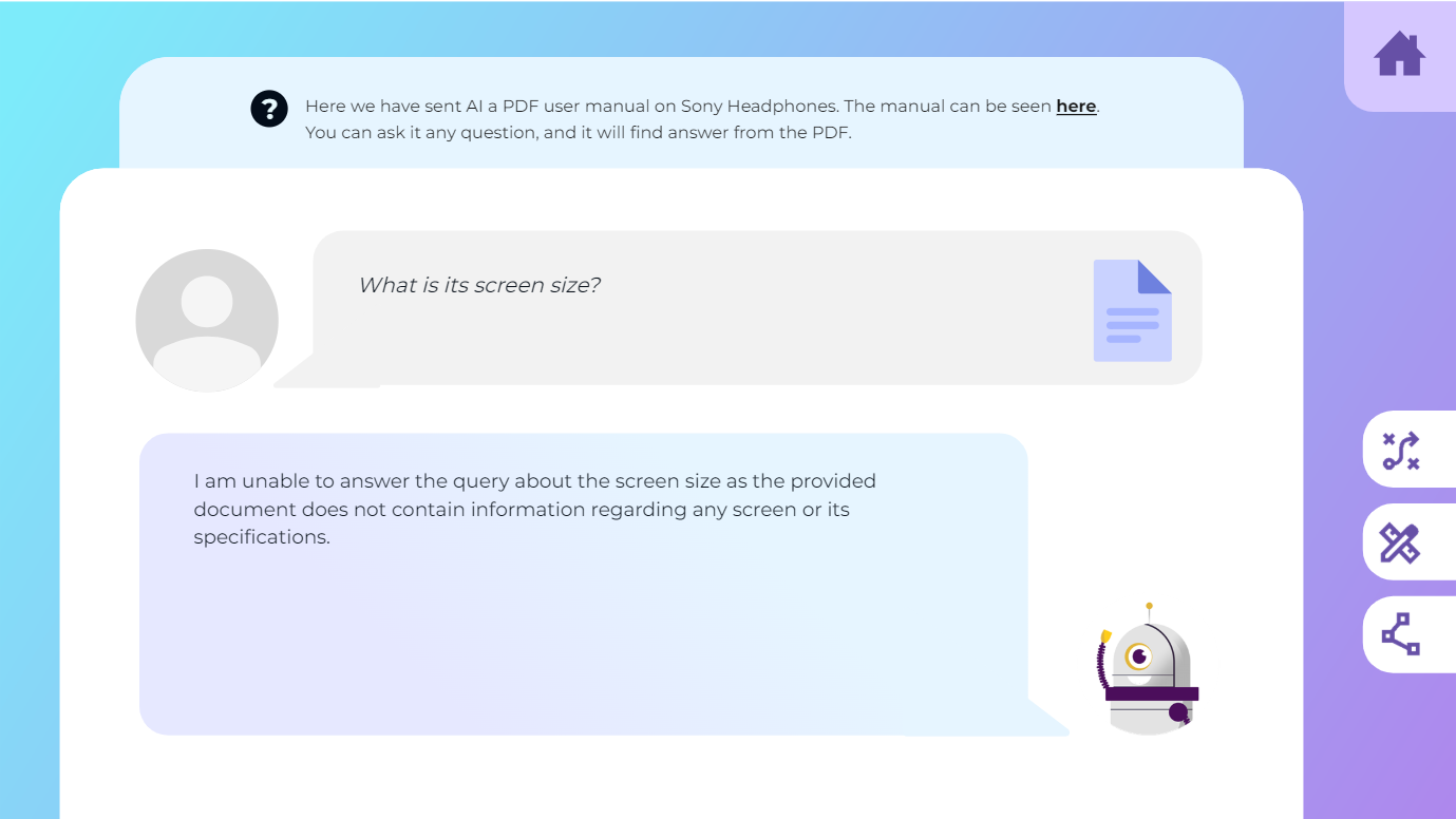 Asked for the screen size, the AI replies that the document contains no information about a screen