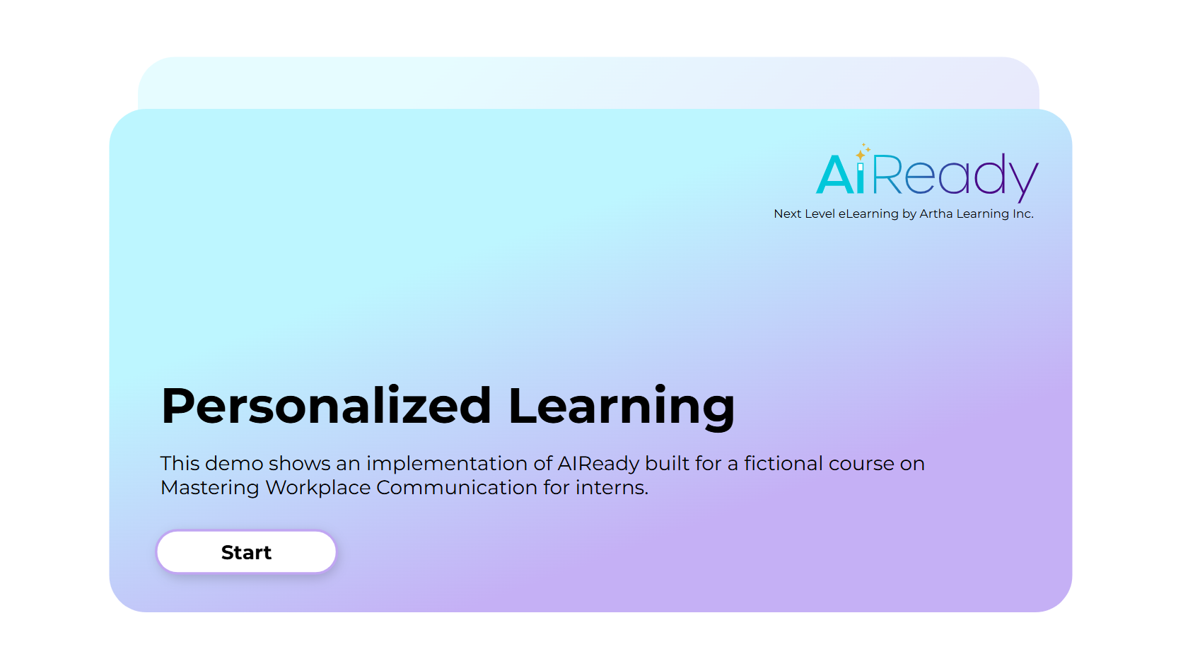 Personalized Learning title screen for a course on Mastering Workplace Communication for interns, with a Start button