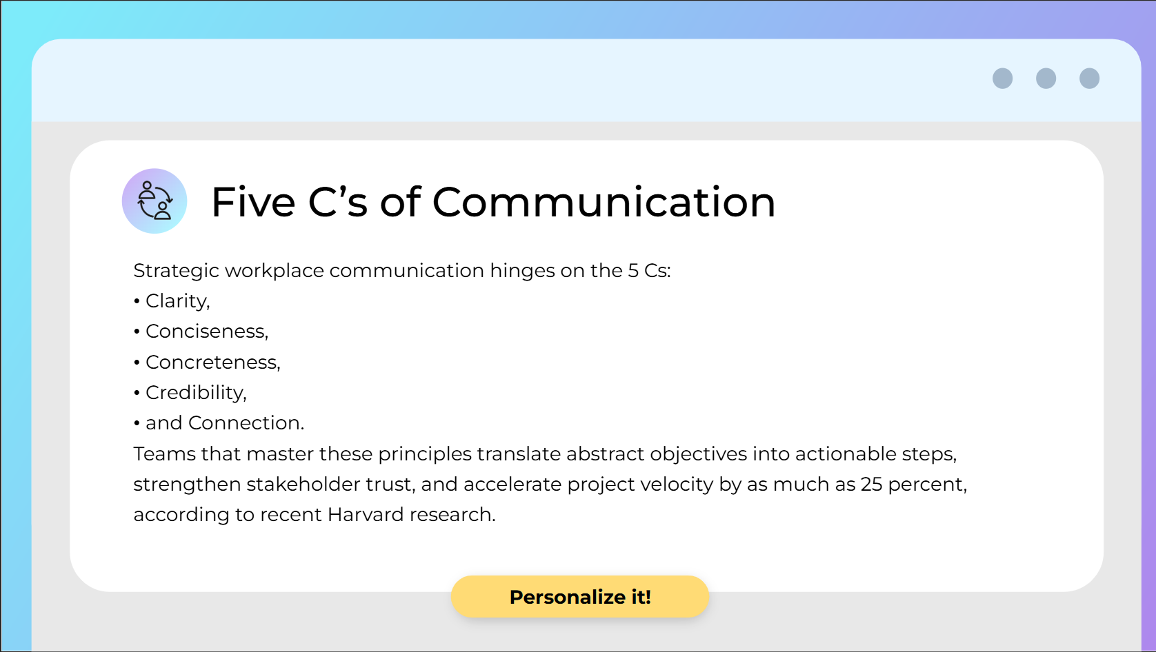 Five C's of Communication content screen listing clarity, conciseness, concreteness, credibility and connection, with a Personalize it! button