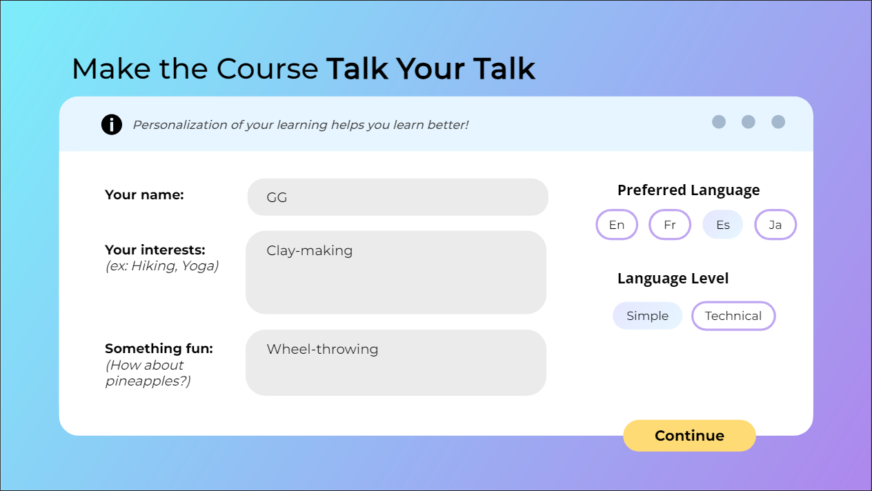 Make the Course Talk Your Talk form filled in with the name GG, clay-making as an interest and wheel-throwing as something fun, with Spanish and Simple selected