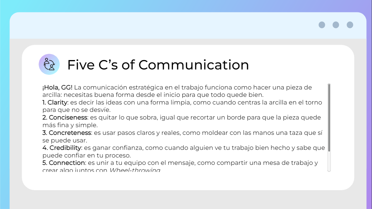 The same Five C's lesson rewritten in Spanish, greeting GG and explaining each C through clay-making and wheel-throwing