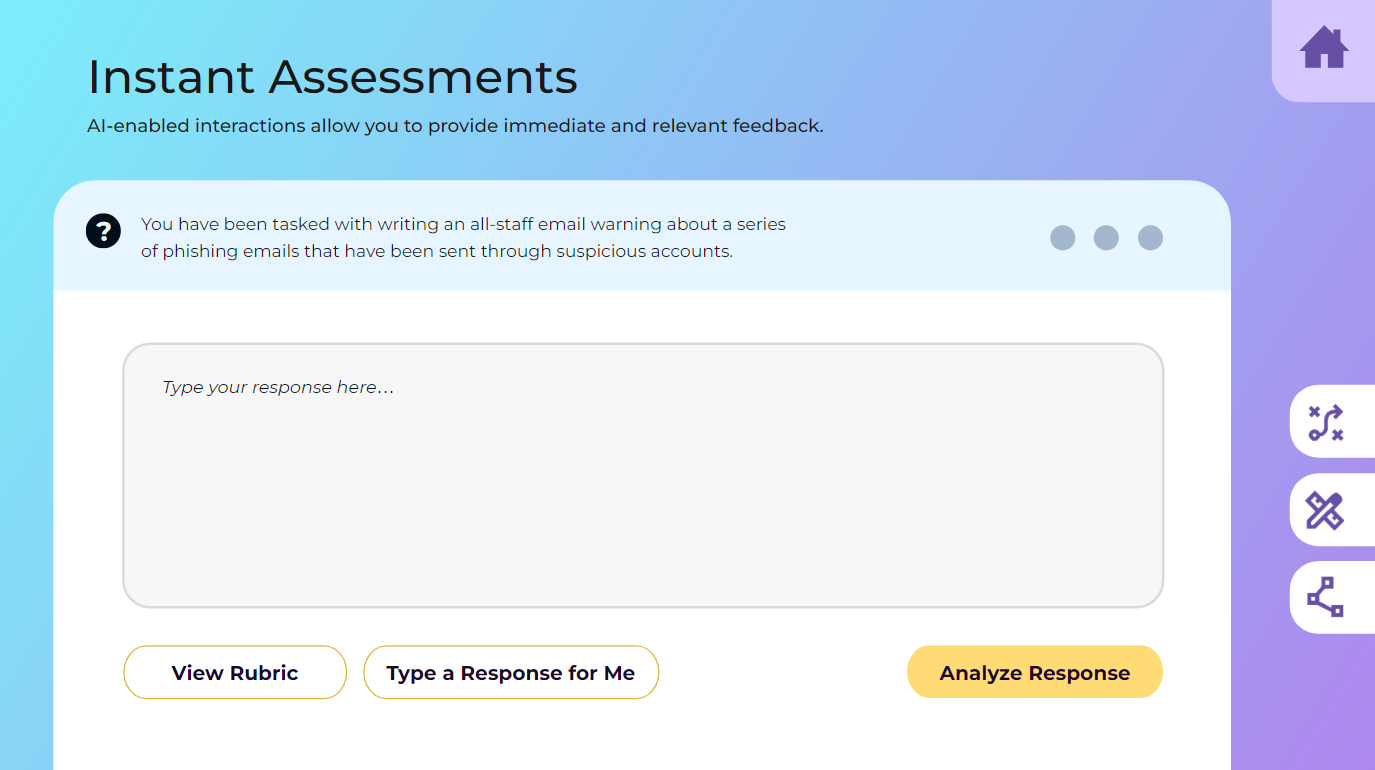 Instant Assessments task asking the learner to write an all-staff email warning about phishing, with View Rubric, Type a Response for Me and Analyze Response buttons