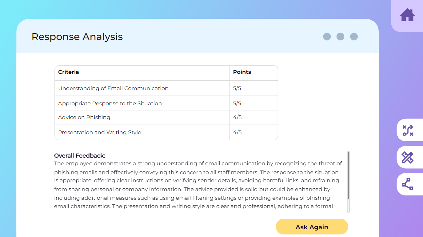 Response Analysis scoring the revised email 5/5, 5/5, 4/5 and 4/5, with overall feedback and an Ask Again button