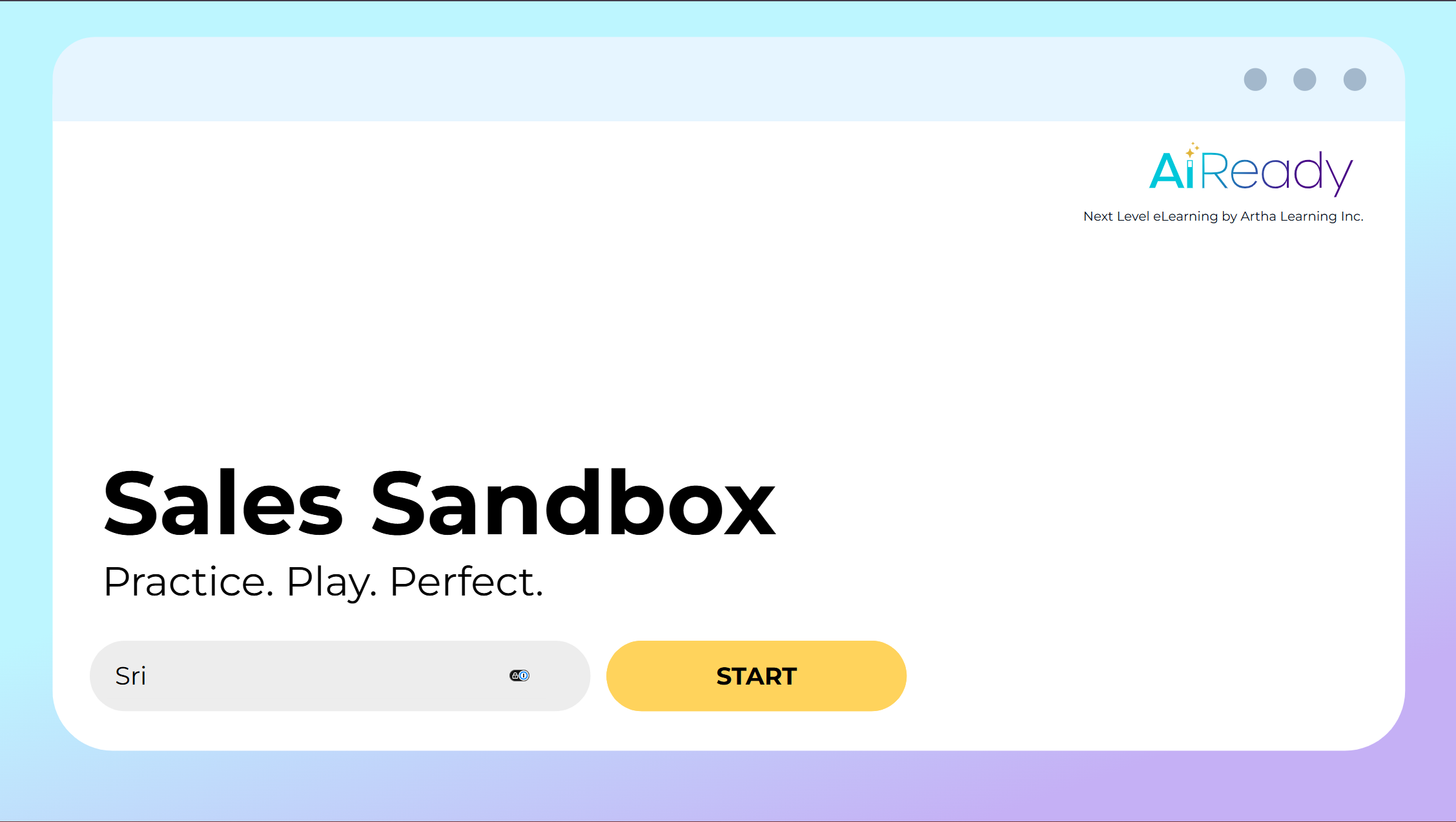 Sales Sandbox title screen with a name field and Start button