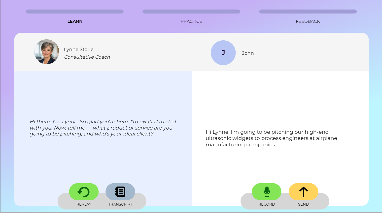 Learn stage: coach Lynne Storie asks what the learner is pitching, with replay, transcript, record and send controls