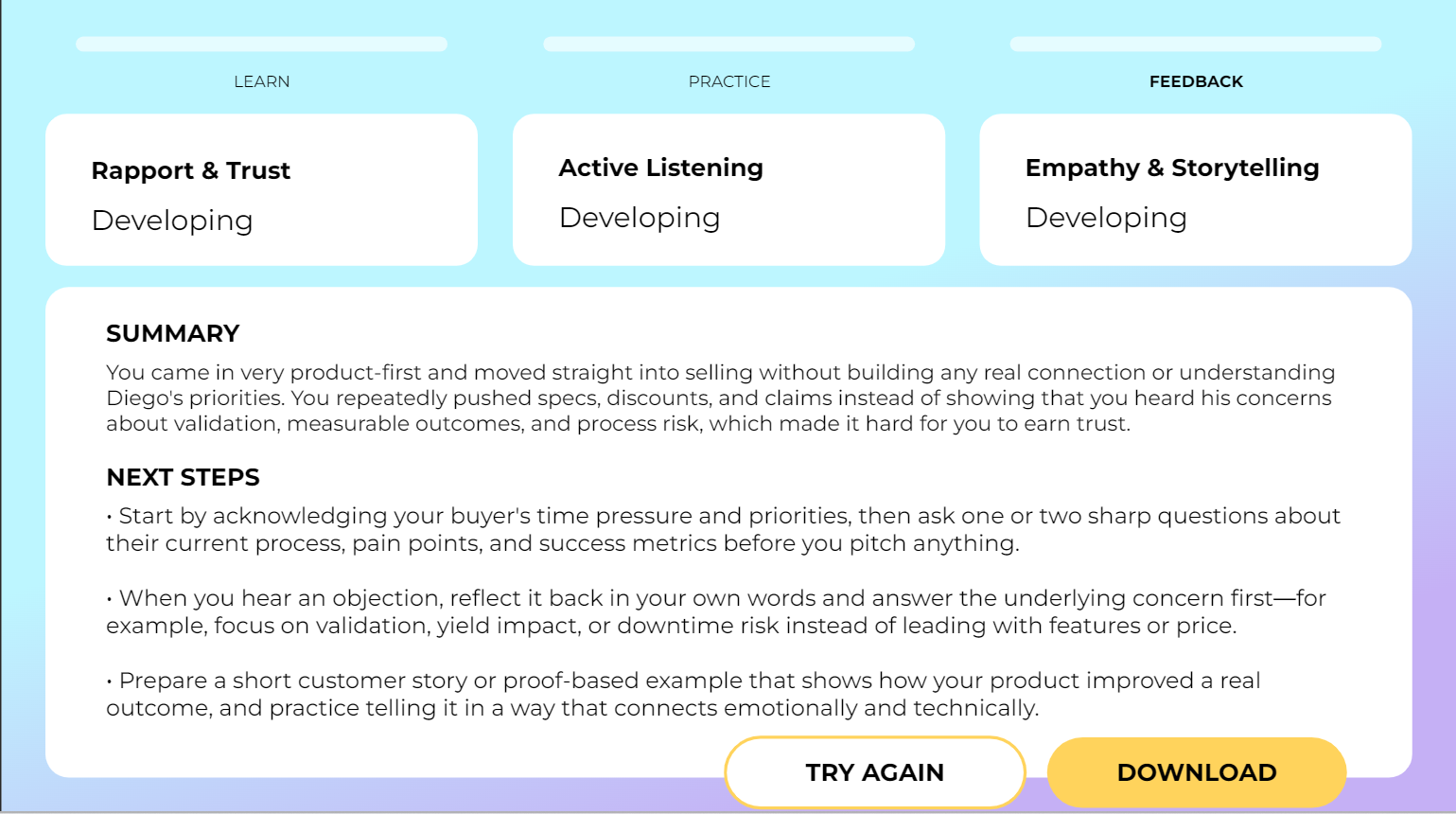 Feedback stage rating rapport and trust, active listening and empathy and storytelling, with a summary, next steps, try again and download