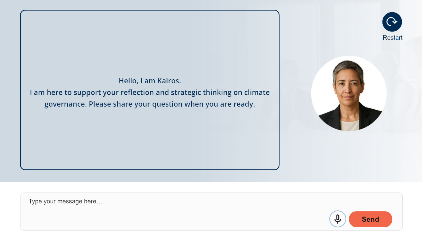 Kairos introduces itself and invites the learner to share a question on climate governance