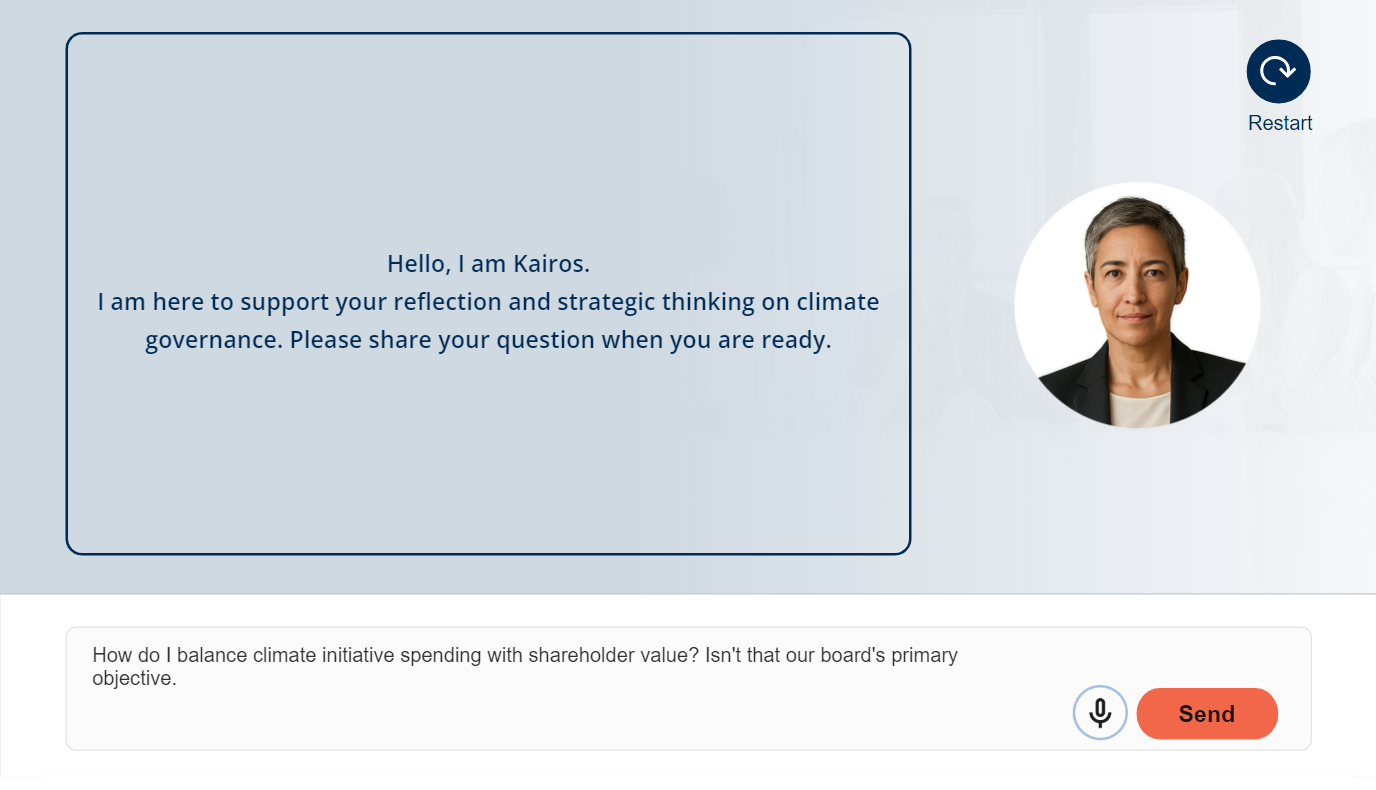 Kairos greets the learner and invites a question on climate governance, while the learner types a question about climate spending and shareholder value