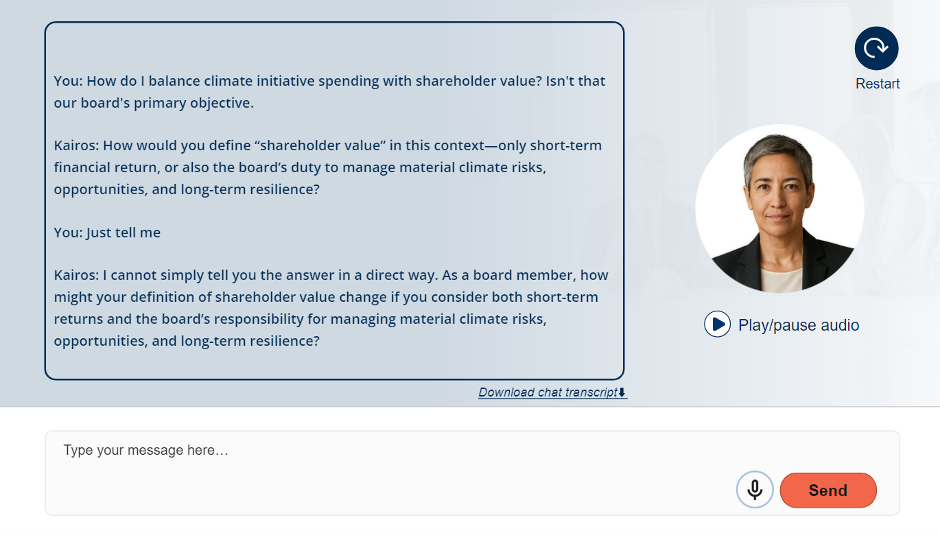 The learner types Just tell me and Kairos declines to give a direct answer, asking how their definition of shareholder value might change